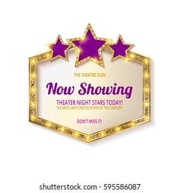 Now showing. Showtime Retro Signs. Retro billboard with neon lights illustration. On a white background