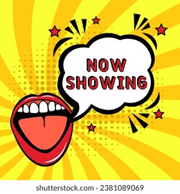 Now showing Vector Design with Cartoon, Comic Speech Bubble in pop-art style. Now showing pop art comic style