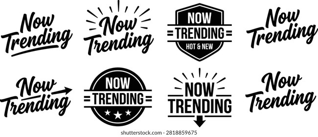 Now trending logo collection featuring bold typography, badges, and emblem designs in monochrome style for social media, marketing, and promotion concept flat vector illustration