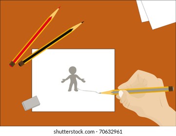And now we learn to draw the little man a pencil on a paper
