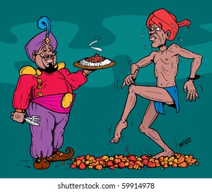 Now You Think That's Hot, Try This Curry My Friend. Vector Illustration Of A Man Walking On Hot Coals, Next To A Waiter Holding An Even Hotter Curry