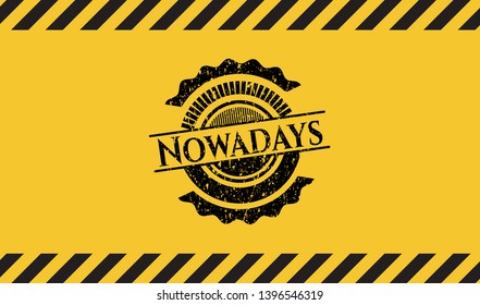 Nowadays black grunge emblem, yellow warning sign. Vector Illustration. Detailed.