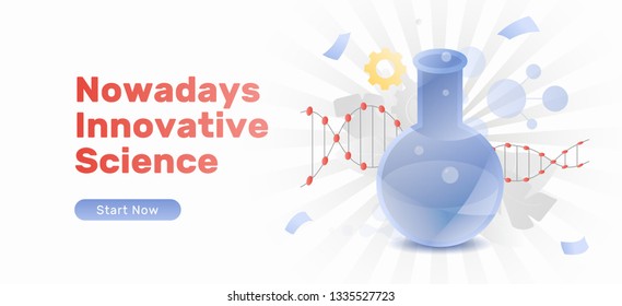 Nowadays innovative science banner template with flask and dna molecule. Trendy flat design concept with gradients.
