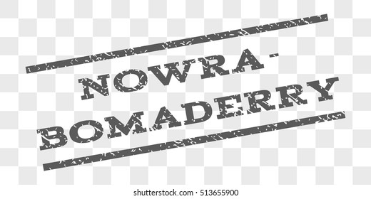 Nowra-Bomaderry watermark stamp. Text tag between parallel lines with grunge design style. Rubber seal stamp with unclean texture. Vector grey color ink imprint on a chess transparent background.