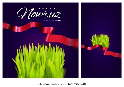 Nowruz banner design. Realistic green grass semeni with red ribbon. Persian New Year holiday vector greeting card background.