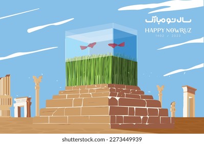 Nowruz greeting card, Achaemenid building with Sabze and red fish, ancient Iranian Nowruz celebration. Haft Sin postcard design. Pasargad in Shiraz