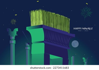 Nowruz greeting card, Pasargad building with Sabze on top of it, ancient Iranian Nowruz celebration. Haft Sin postcard design. griffin column.