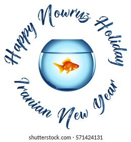 Nowruz greeting. Iranian new year. Aquarium with goldfish.