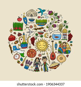 Nowruz, holiday of arrival of spring. Holiday symbols, people, food, customs and traditions. Uzbekistan art. Gift card design. Vector illustration