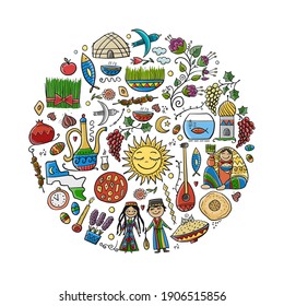 Nowruz, holiday of arrival of spring. Holiday symbols, people, food, customs and traditions. Uzbekistan art. Gift card design. Vector illustration