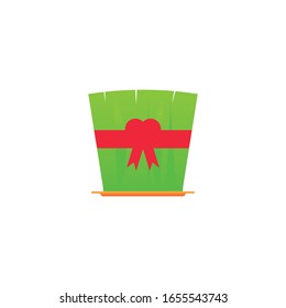 Nowruz holiday grass semeni on plate with red ribbon. Flat color style design vector illustration, isolated on white background