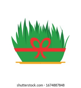 Nowruz holiday grass semeni on plate with red ribbon. Flat color style design vector illustration, isolated on white background