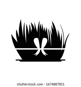 Nowruz holiday grass semeni on plate with red ribbon. Flat color style design vector illustration, isolated on white background