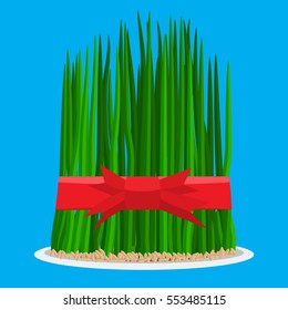 Nowruz holiday grass semeni on plate with red ribbon. Flat color style design vector