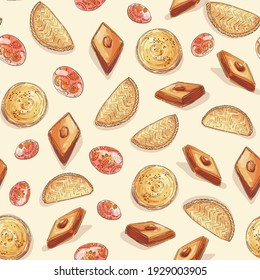 Nowruz holiday seamless pattern with turkish sweets as baklava.