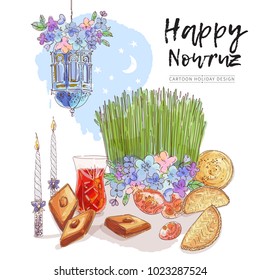 Nowruz holiday vector design elements drawn in watercolor style illustration. Novruz Persian New Year composition of samani with ribbon, flowers, national ornamented eggs, sweets shekerbura, baklava.