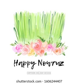 Nowruz Holiday Vector Greeting Card Design. Green Grass Samani With Abstract Spring Flowers Watercolor Illustration. Novruz Persian New Year Decoration.