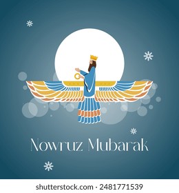 "Nowruz Mubarak" with a background featuring a crescent moon and bokeh lights creates a mystical and celebratory atmosphere, symbolizing hope, renewal, and the beginning of spring in Persian culture.