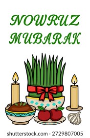 Cartel de Vector Nowruz Mubarak con Elementos tradicionales Haft-Seen, hierba verde, arco rojo, manzanas, ajo, postre y velas