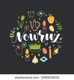 Nowruz text and holiday set of elements drawn in doodle style: samani, flowers, eggs, sweets shekerbura, baklava, candles, apples, tulip, fish, stars, clock, garlic, hyacinth. Vector illustration
