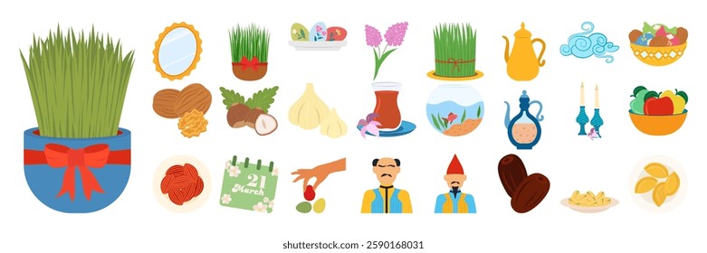Nowruz Traditions, Characters, and Symbols Flat Illustration. Celebration Foods set