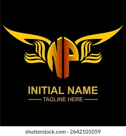 NP Golden Wing Emblem Logo with elegant gold wings, sleek and modern design. Ideal for branding, creative projects, luxury businesses, or artistic ventures.