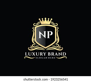 NP Initial Letter Gold calligraphic feminine floral hand drawn heraldic monogram antique vintage style luxury logo design.
