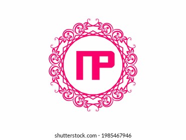 NP initial letter in vintage circle frame design