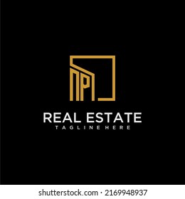NP initial monogram logo for real estate design with creative square image