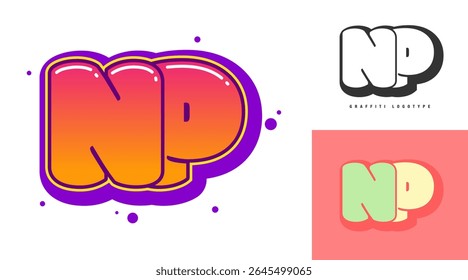 NP logo design for festival or party. Initial letter n and p in graffiti style. Creative modern lettering company name of font typography. Kids trendy logotype or identity. Vector illustration.