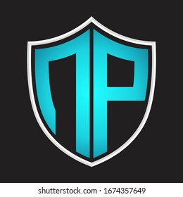 Monograma del logotipo NP con forma de escudo con colores azules aislados en la plantilla de diseño de esquema