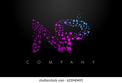 NP N P Letter Logo with Purple Blue Particles and Bubble Dots Design Vector.