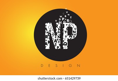 NP N P Logo Design Made of Small Letters with Black Circle and Yellow Background.