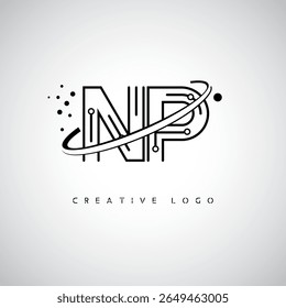 Logotipo Monograma NP Orbit - marca de letra mínima futurista com linha circular de arte, pontos inspirados na tecnologia e conceito de movimento espacial para identidade de marca moderna