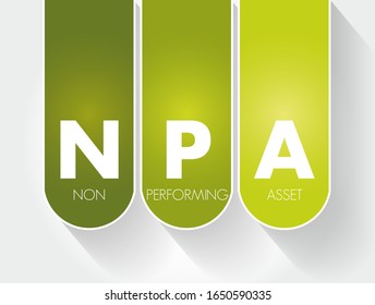 NPA Non Performing Asset - bank loan that is subject to late repayment or is unlikely to be repaid by the borrower in full, acronym text concept background