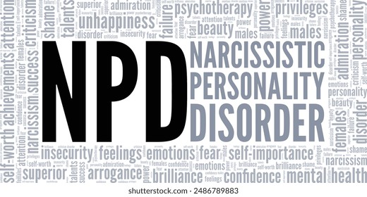 NPD Narcissistic Personality Disorder word cloud conceptual design isolated on white background.