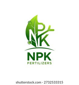 NPK fertilizer logo featuring stylized letters N, P, and K integrated with a vibrant green leaf and dew drops. Ideal for agricultural companies, organic farming products, plant nutrition brands, and eco-friendly garden fertilizers