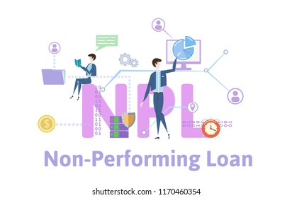 NPL, non-performing loan. Concept with keywords, letters and icons. Colored flat vector illustration on white background.