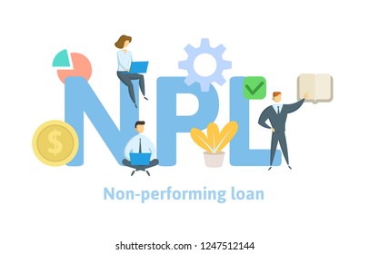 NPL, non-performing loan. Concept with keywords, letters and icons. Colored flat vector illustration on white background.