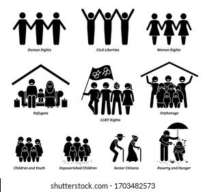 NPO nonprofit organization foundation welfare vector set. Non profit group of human rights, civil liberties, women rights, refugees, LGBT, orphanage, children, senior citizens, and poverty hunger.