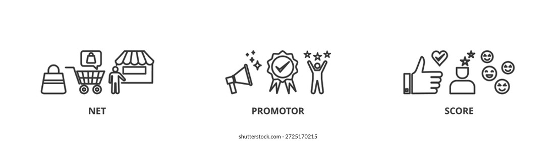 Conceito de ilustração vetorial de banner NPS para pontuação do promotor de rede com ícone de compras, cliente, classificação, como, premium e loja