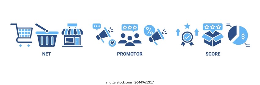 NPS banner web icon vector illustration concept for net promotor score with icon of shopping, customer, rating, like, premium, and store
