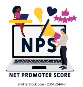 NPS - Net Promoter Score acronym, business concept background. Concept with keywords, letters and icons. Colored flat vector illustration. Isolated on white background.