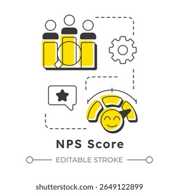 Ícone de conceito linear moderno de pontuação do NPS. Métrica usada para avaliar a fidelidade e a satisfação do cliente. Ferramenta de análise de lacunas. Elementos de contorno plano conectados com linhas pontilhadas. Visual criativo. Fácil de editar