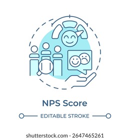 Ícone de conceito azul suave de pontuação do NPS. Métrica usada para avaliar a fidelidade e a satisfação do cliente. Ferramenta de análise de lacunas. Ilustração de linha de forma redonda. Ideia abstrata. Design gráfico. Fácil de usar no post do blog