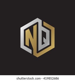 NQ initial letters looping linked hexagon elegant logo golden silver black background