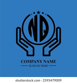 NQ initials held within hands, symbolizing trust and protection. The circle represents unity, while stars highlight excellence and ambition.