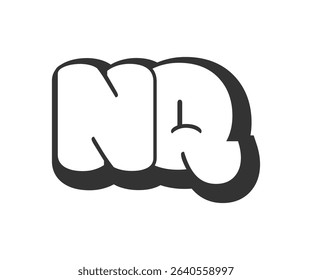 NQ logo, bubble comic lettering, rounded in graffiti style black and white silhouette. Trendy preschool N and Q letter text for festival party, personal initials, children funky print and web.