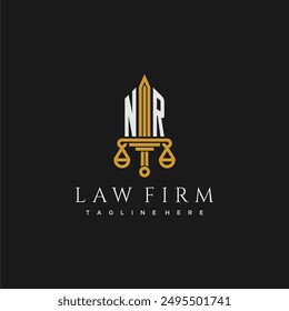 NR initial monogram for lawfirm logo with sword and scale