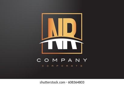 NR N R Golden Letter Logo Design with Swoosh and Rectangle Square Box Vector Design.